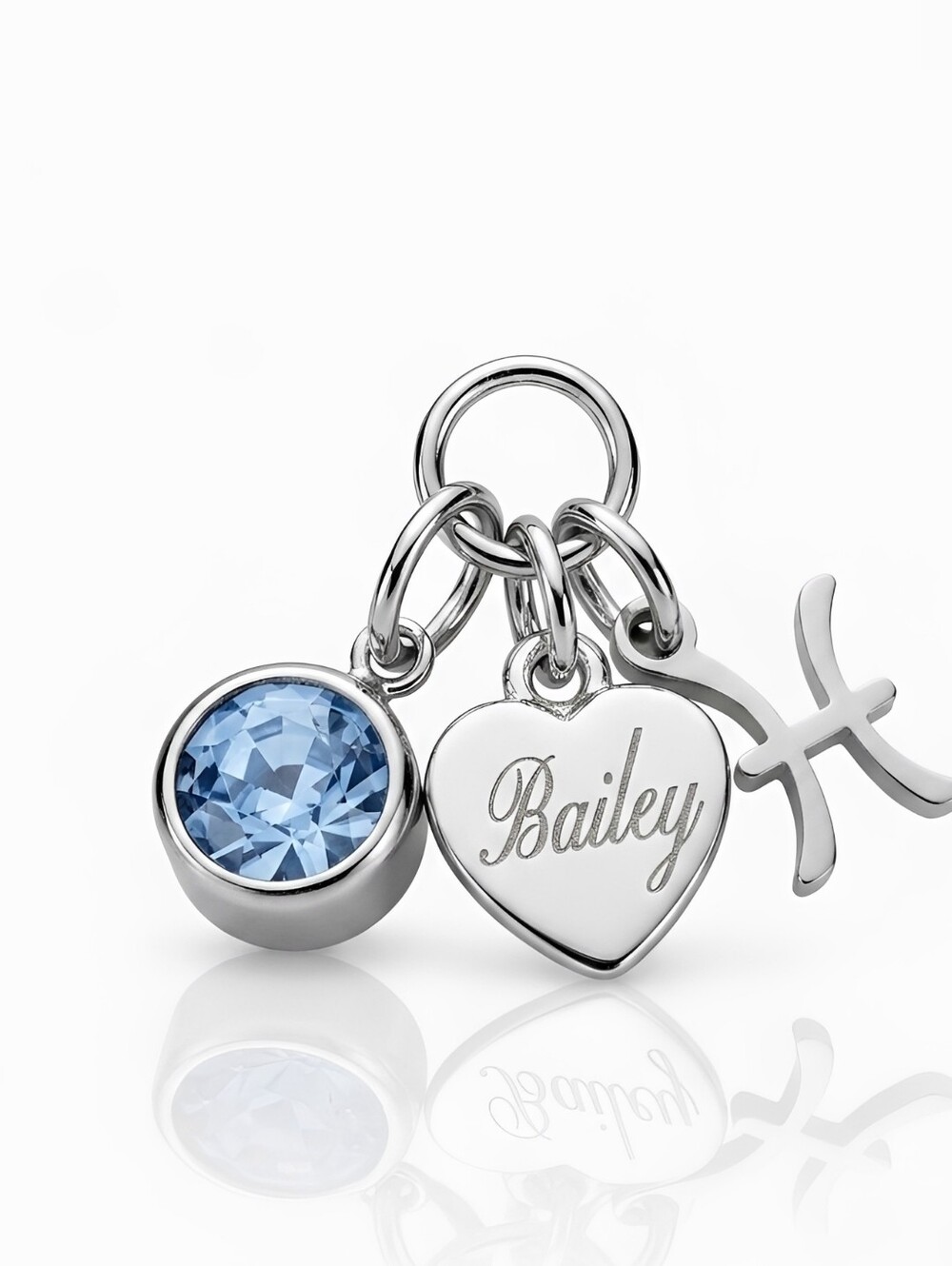 Personalized Name Heart, Birthstone And Birth Sign Trio Dangle Charm
